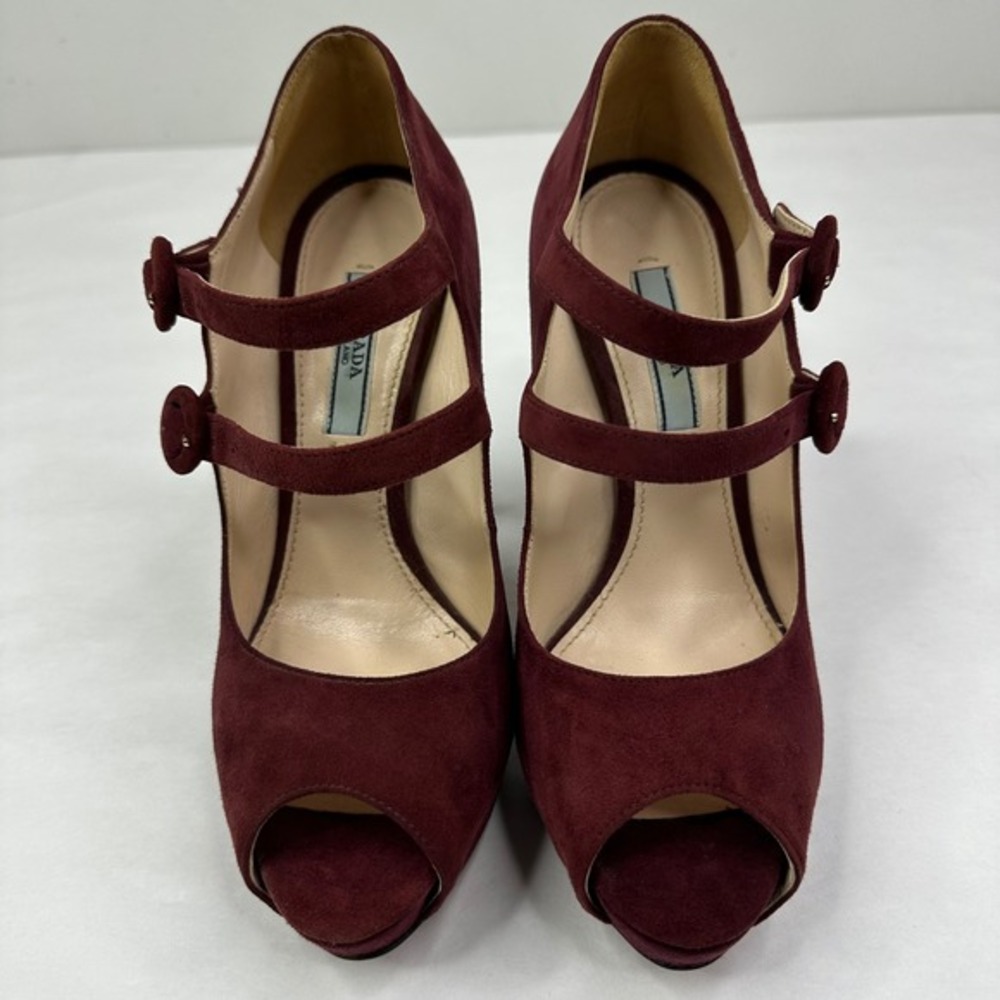Prada Burgundy Suede Double Strap Mary Jane Peep Toe Platform‎ Heels Size 37.5